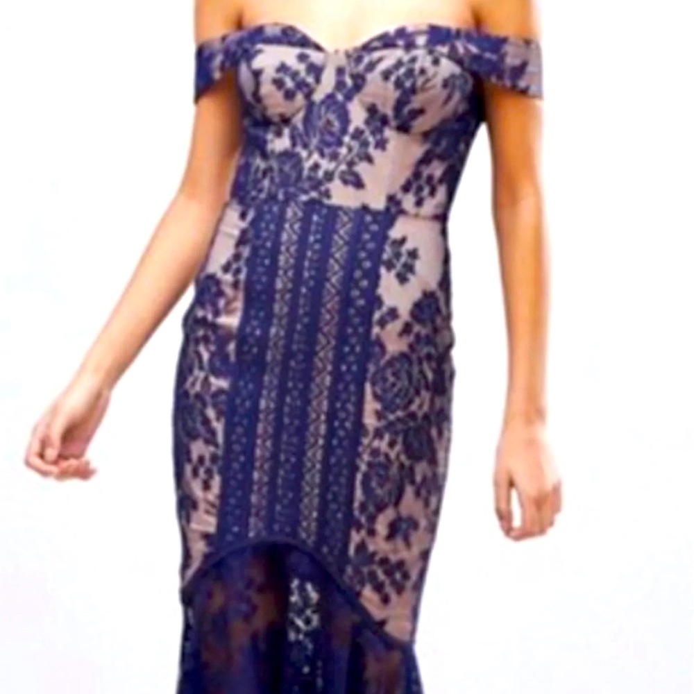 Jarlo lace off-shoulder fishtail midi dress